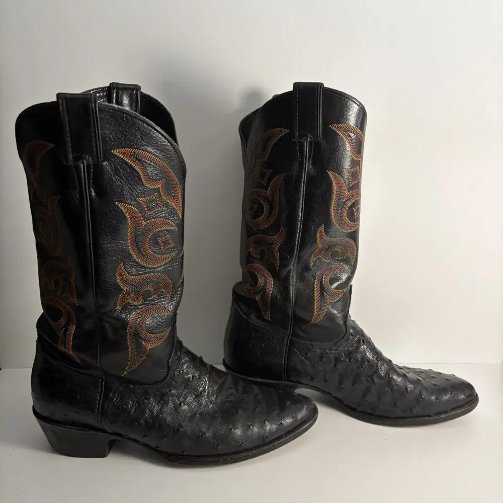 JUSTIN 8933 USA Men's Sz 10D Exotic Western Boots Black Full Quill Ostrich Foot